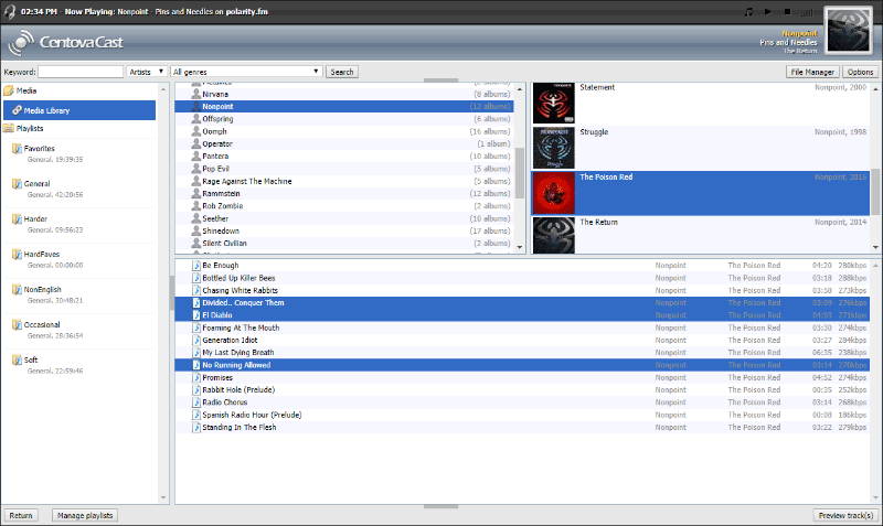 Centova Cast control panel showing the media library, playlists, albums, and tracks